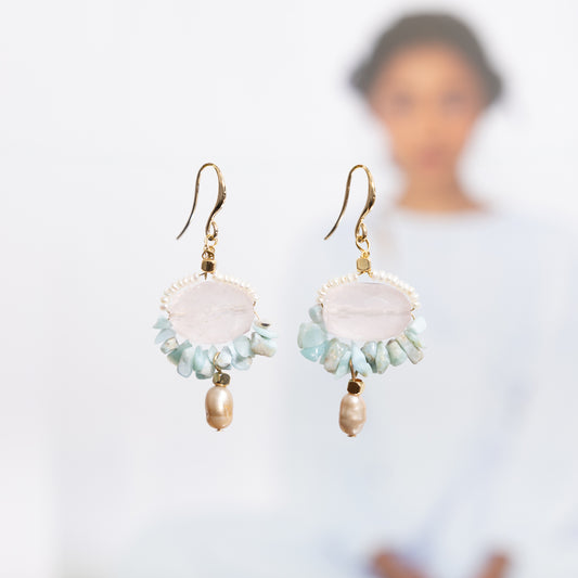 Oorbellen Larimar , Rozenkwarts  en  Parel